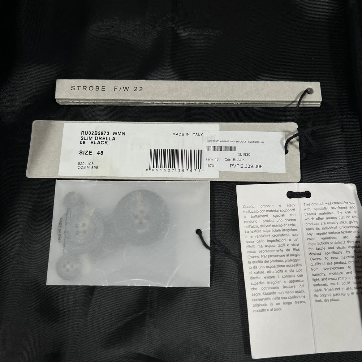 Rick Owens FW22 "Strobe" Slim Drella Coat