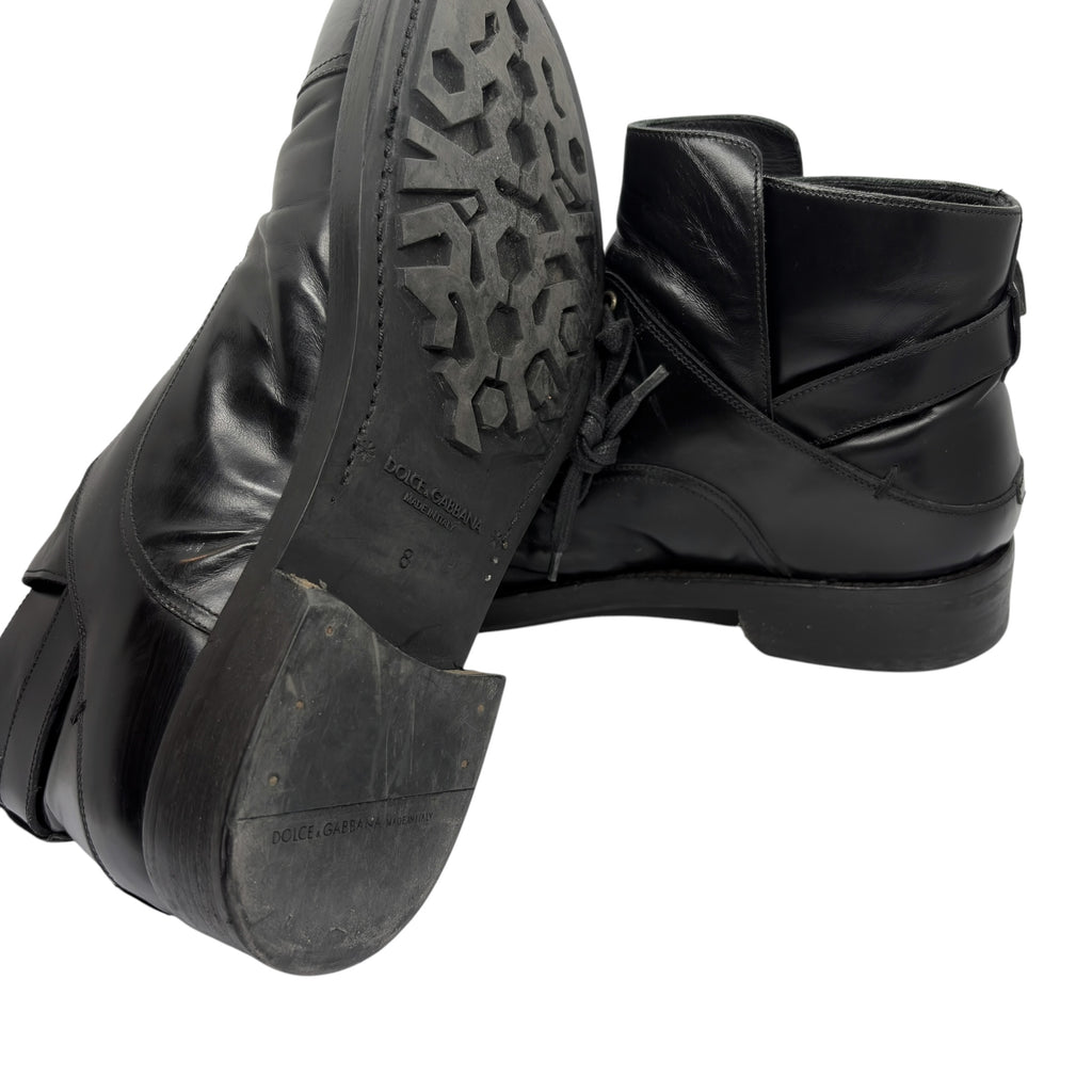 Dolce & Gabbana 2014 Buckled Leather Lace-Up Ankle Boots