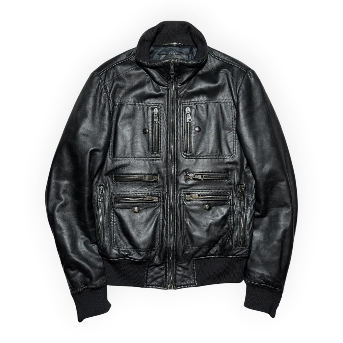 Dolce & Gabbana Multi-Zip Pocket Lambskin Leather Flight Bomber Jacket