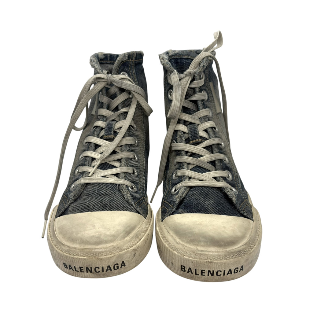Balenciaga Paris High-Top Distressed Denim Sneakers
