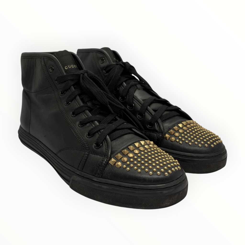 Gucci Gold Studded Toe Black Leather High-Top Sneakers
