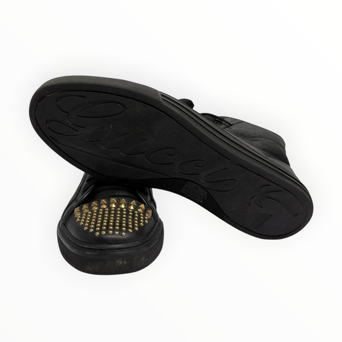 Gucci Gold Studded Toe Black Leather High-Top Sneakers