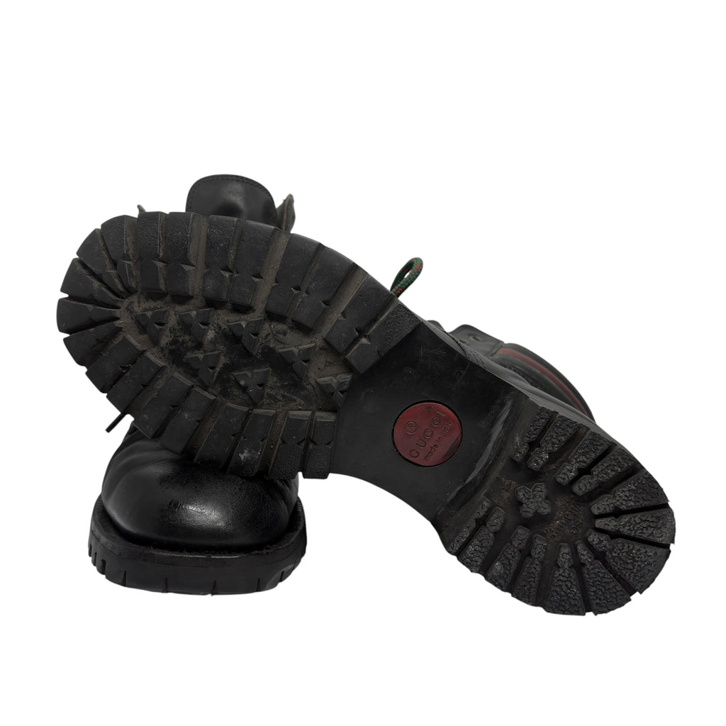Gucci Web Collar Leather Hiking Combat Boots