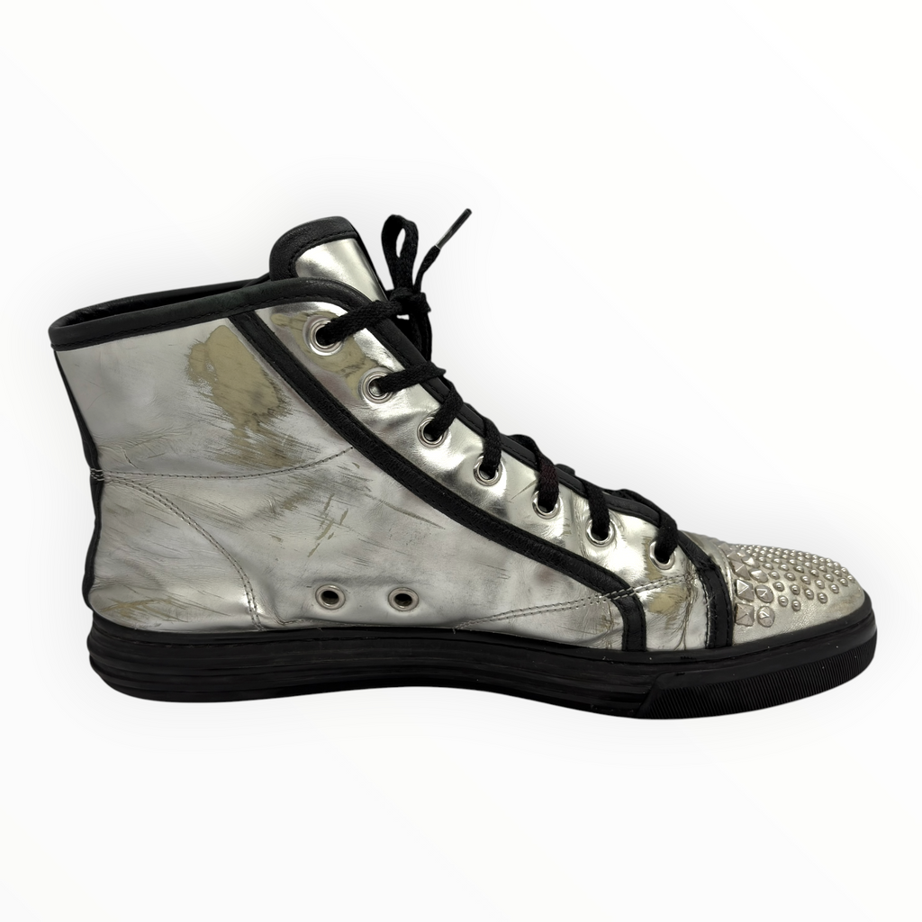 Gucci Silver Studded Toe Leather High-Top Sneakers