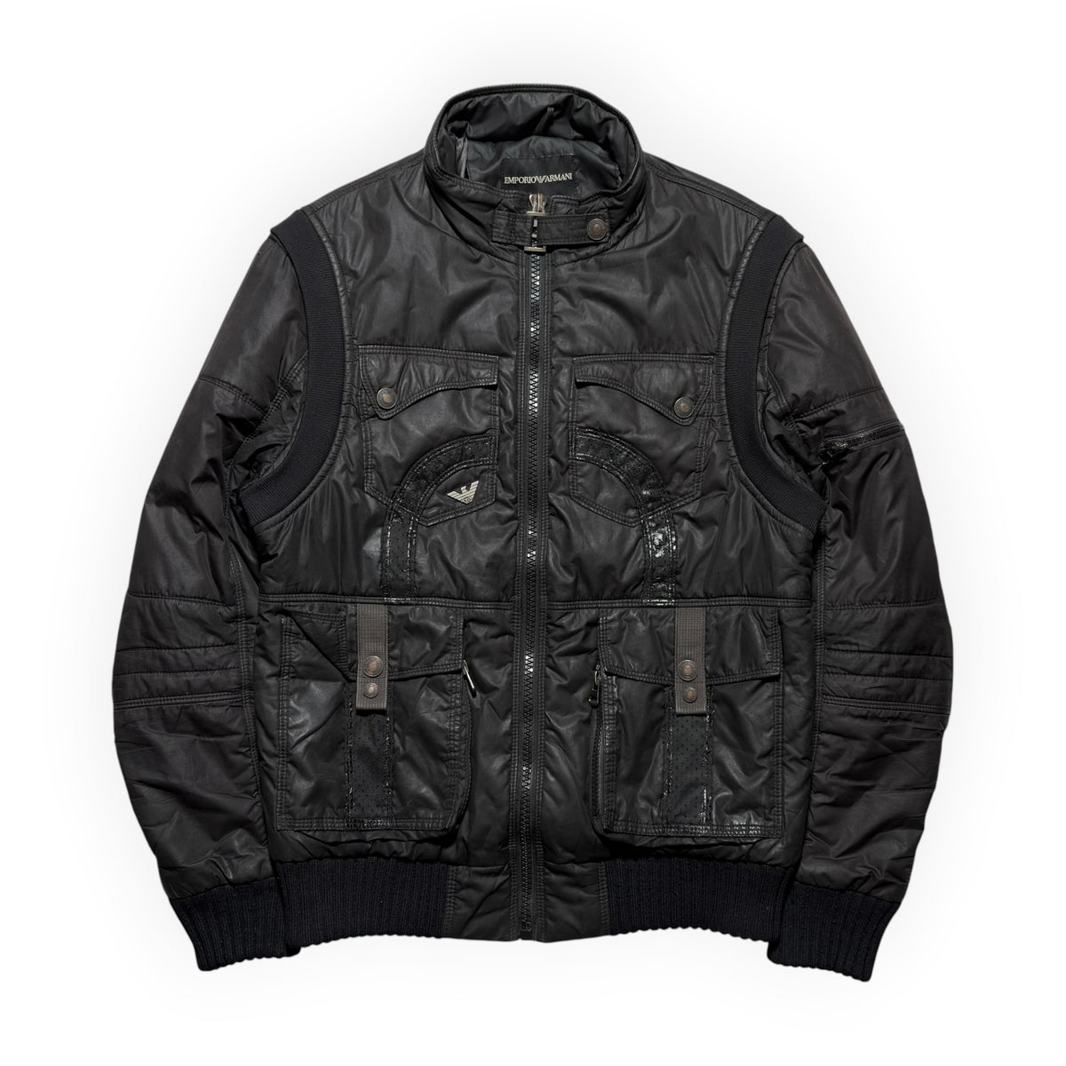 Emporio Armani Multi-Pocket Coated Cotton Bomber Jacket