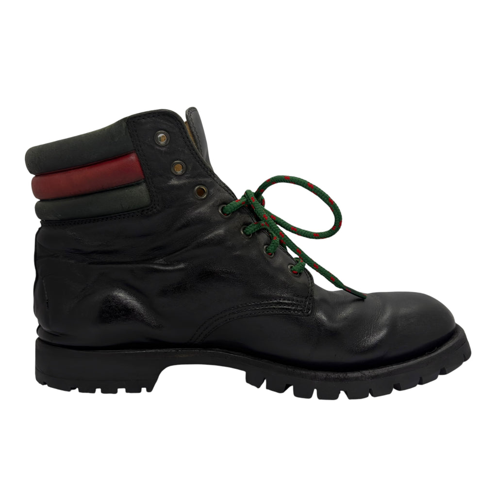 Gucci Web Collar Leather Hiking Combat Boots