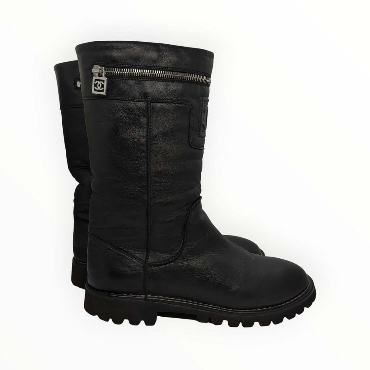 Chanel 00s CC-Embossed Leather  Boots