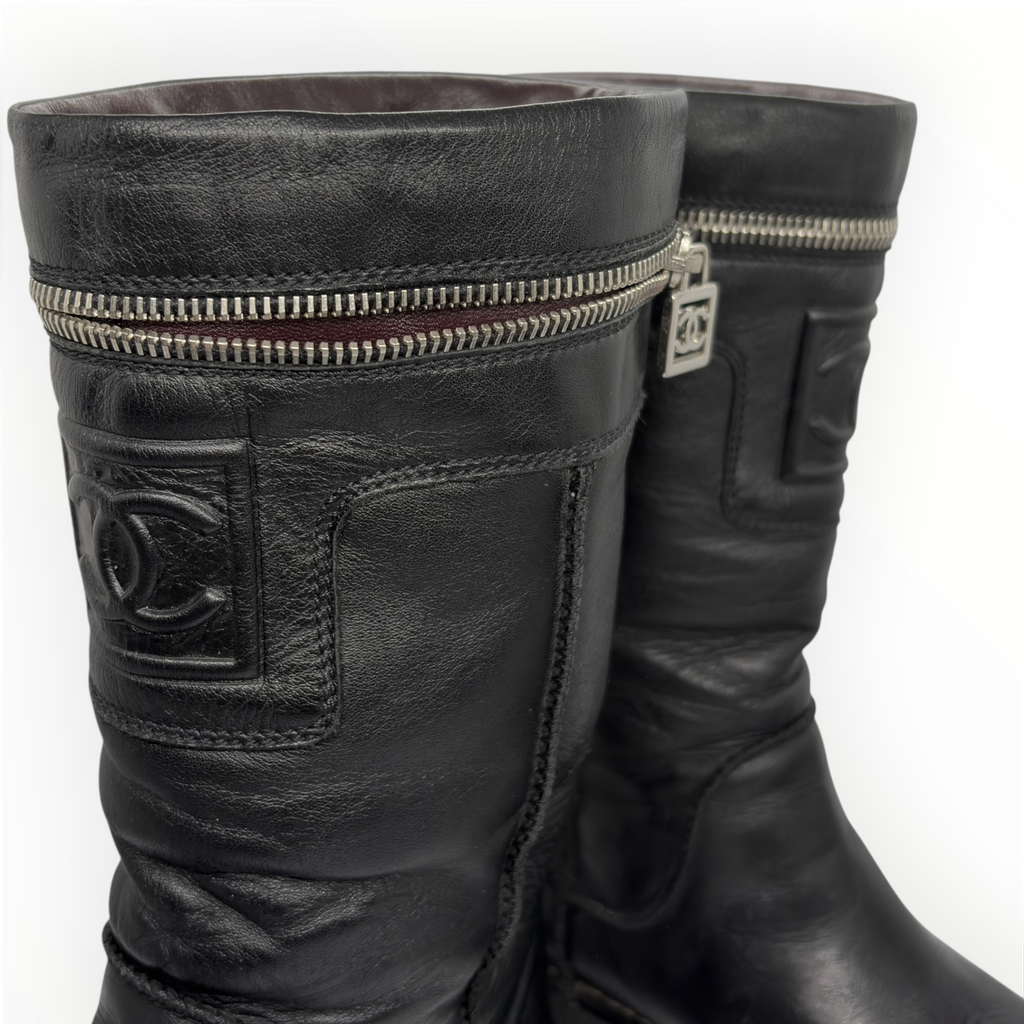 Chanel 00s CC-Embossed Leather  Boots