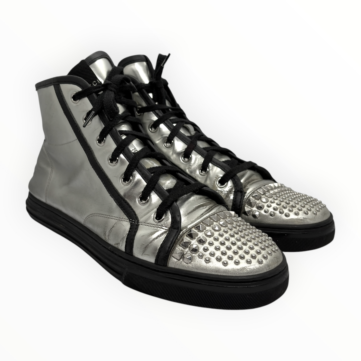 Gucci Silver Studded Toe Leather High-Top Sneakers
