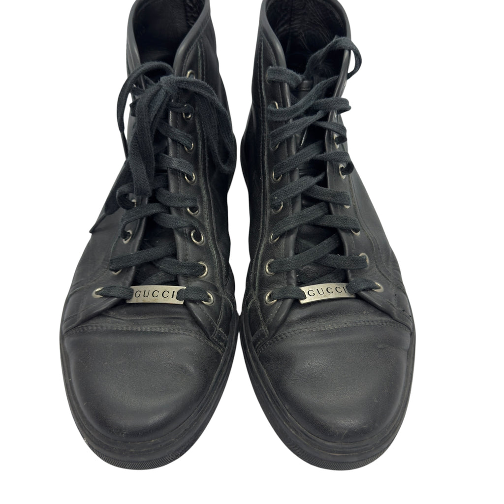 Gucci Men's Black Leather Logo Plaque High-Top Sneakers