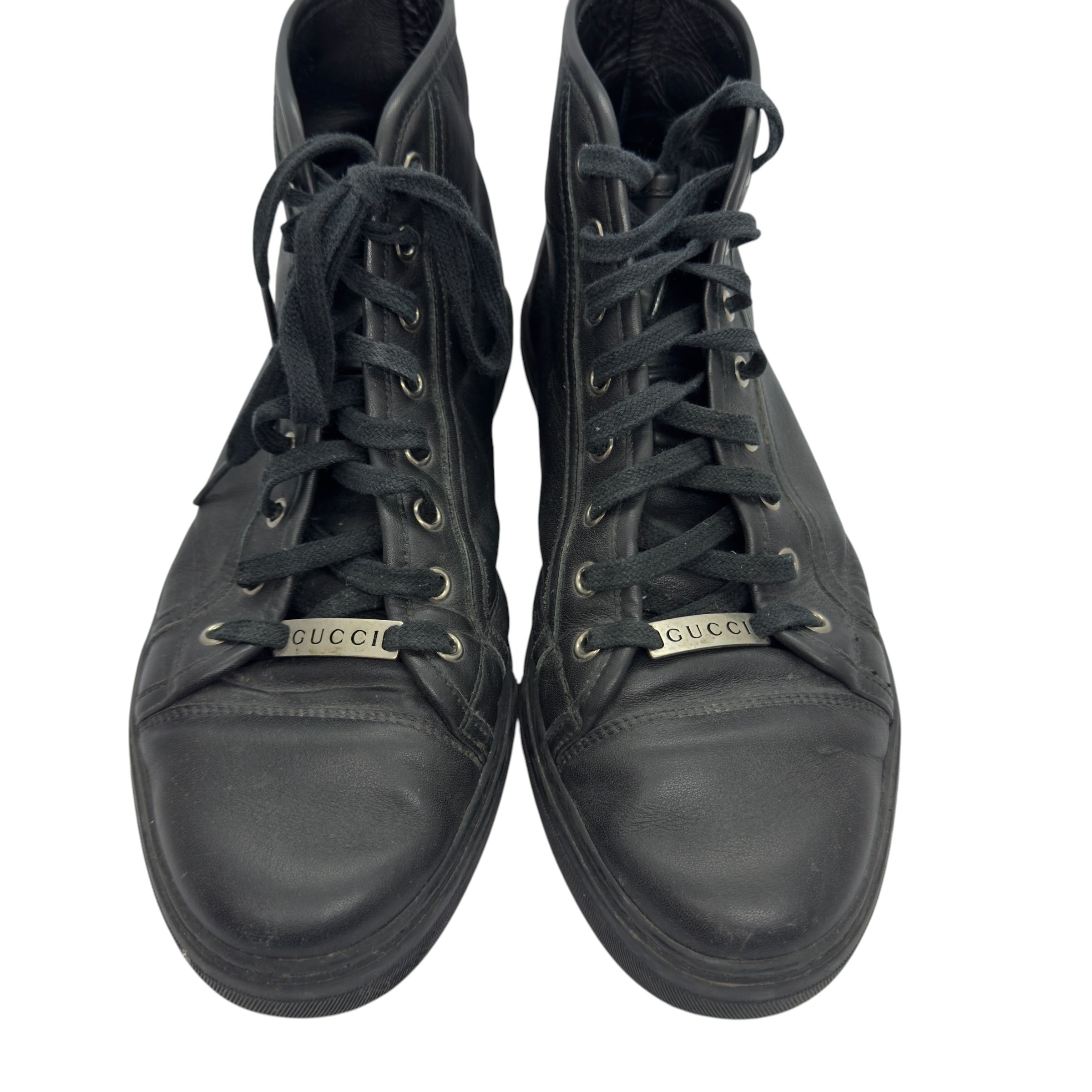 Gucci Men's Black Leather Logo Plaque High-Top Sneakers