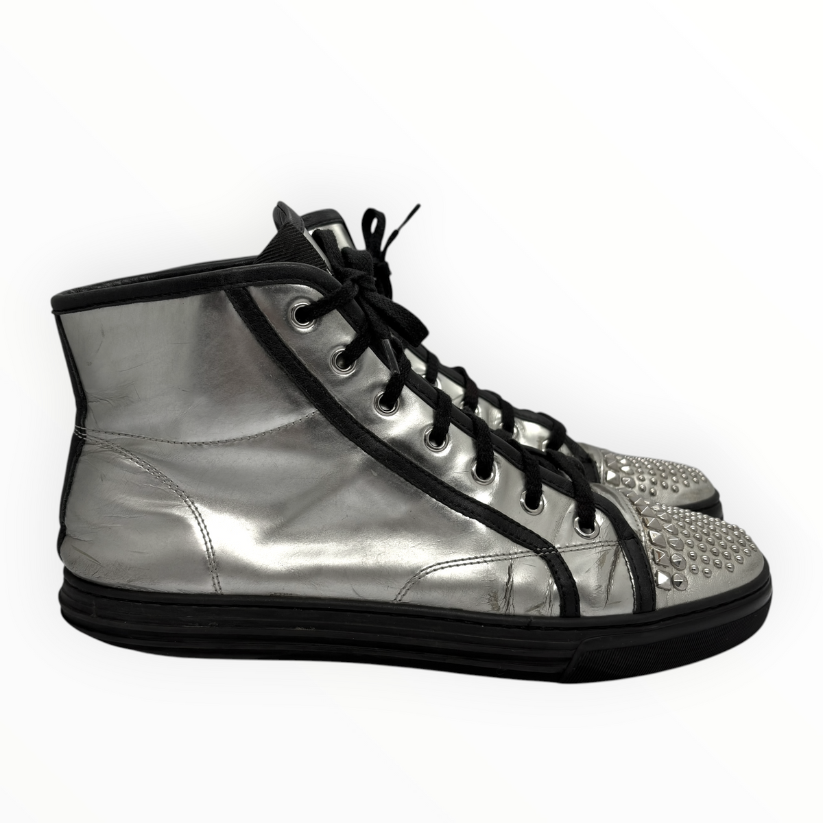 Gucci Silver Studded Toe Leather High-Top Sneakers