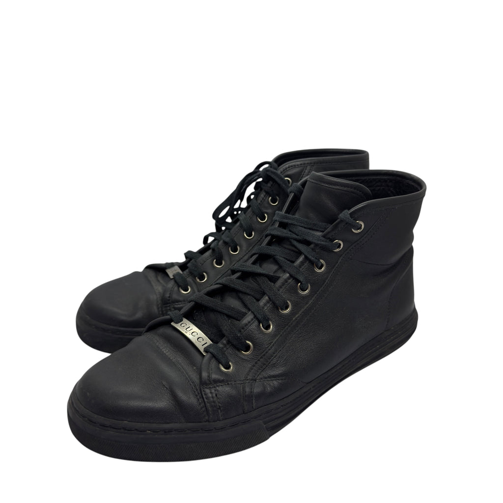 Gucci Men's Black Leather Logo Plaque High-Top Sneakers