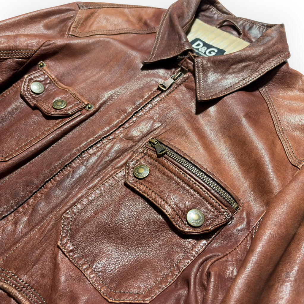 Dolce & Gabbana Vintage Brown Lambskin Leather Multi-Pocket Jacket
