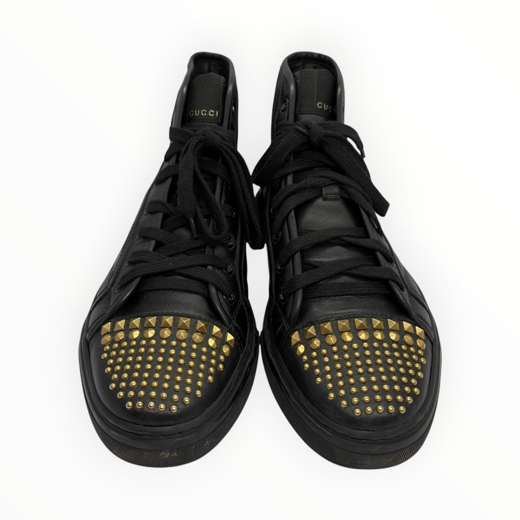 Gucci Gold Studded Toe Black Leather High-Top Sneakers