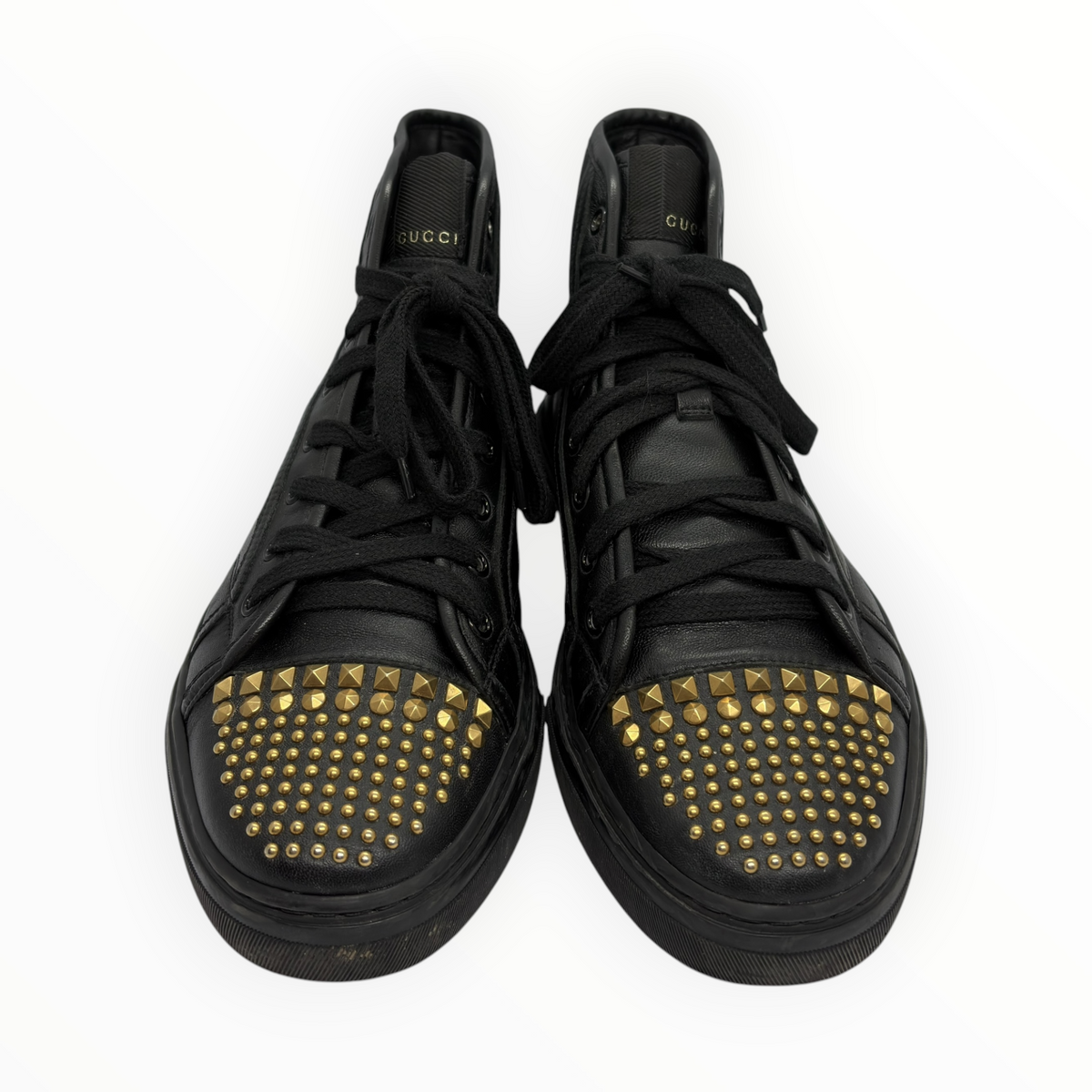 Gucci Gold Studded Toe Black Leather High-Top Sneakers