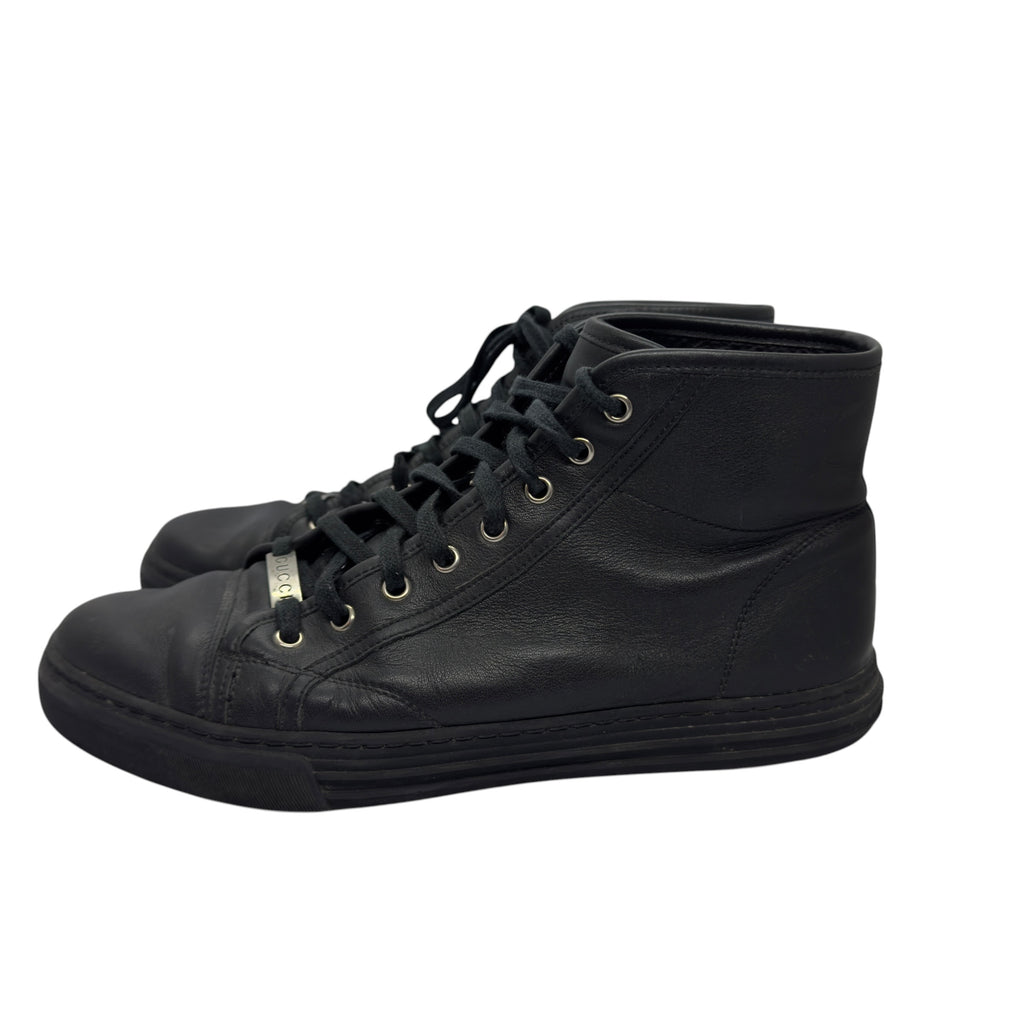 Gucci Men's Black Leather Logo Plaque High-Top Sneakers