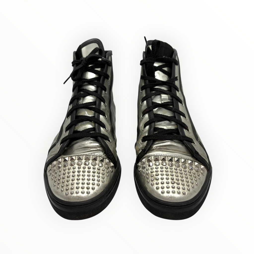 Gucci Silver Studded Toe Leather High-Top Sneakers