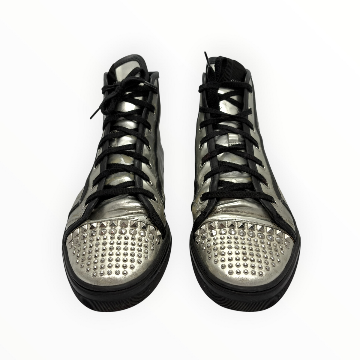 Gucci Silver Studded Toe Leather High-Top Sneakers