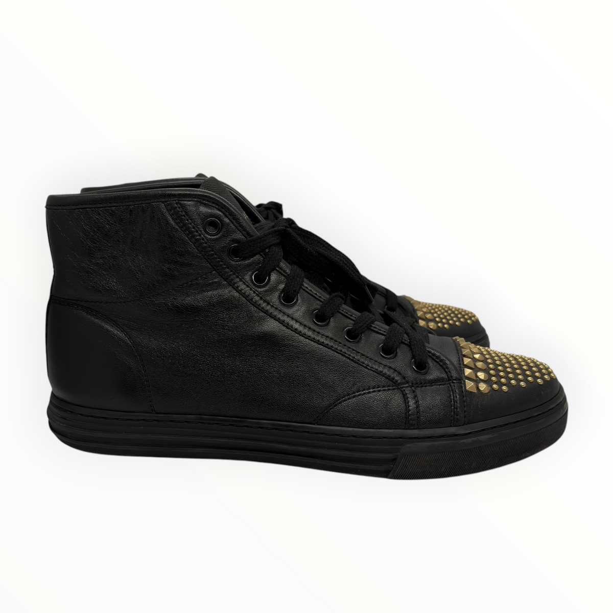 Gucci Gold Studded Toe Black Leather High-Top Sneakers