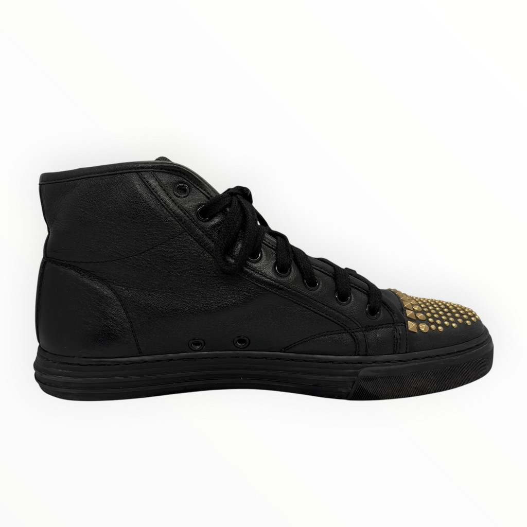 Gucci Gold Studded Toe Black Leather High-Top Sneakers