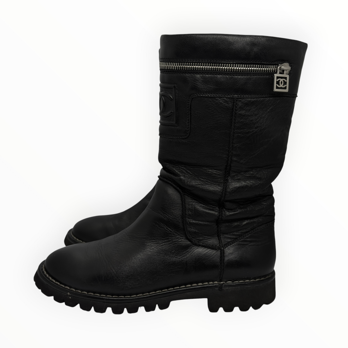 Chanel 00s CC-Embossed Leather  Boots