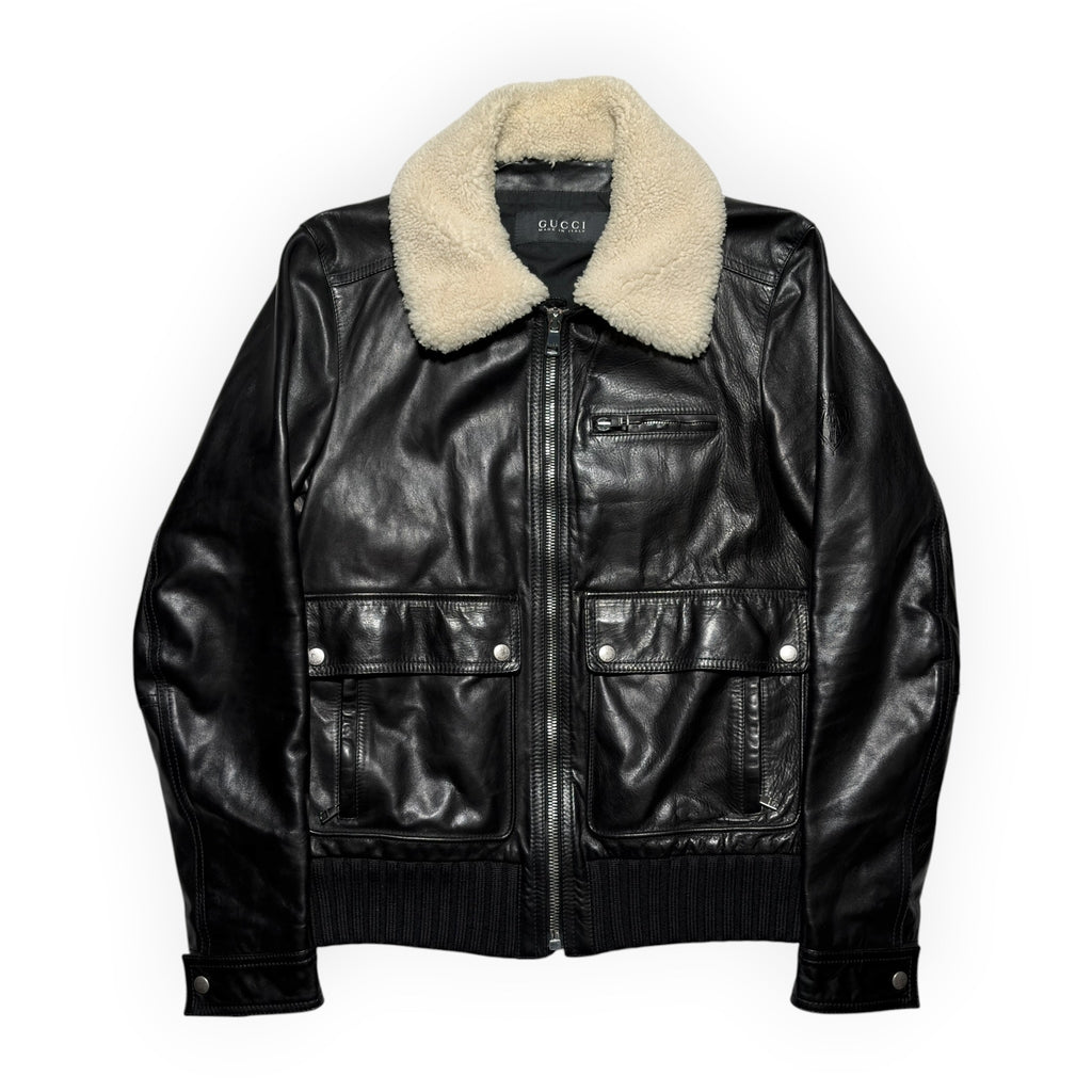 Gucci 2014 Detachable Shearling Collar Leather Aviator Jacket