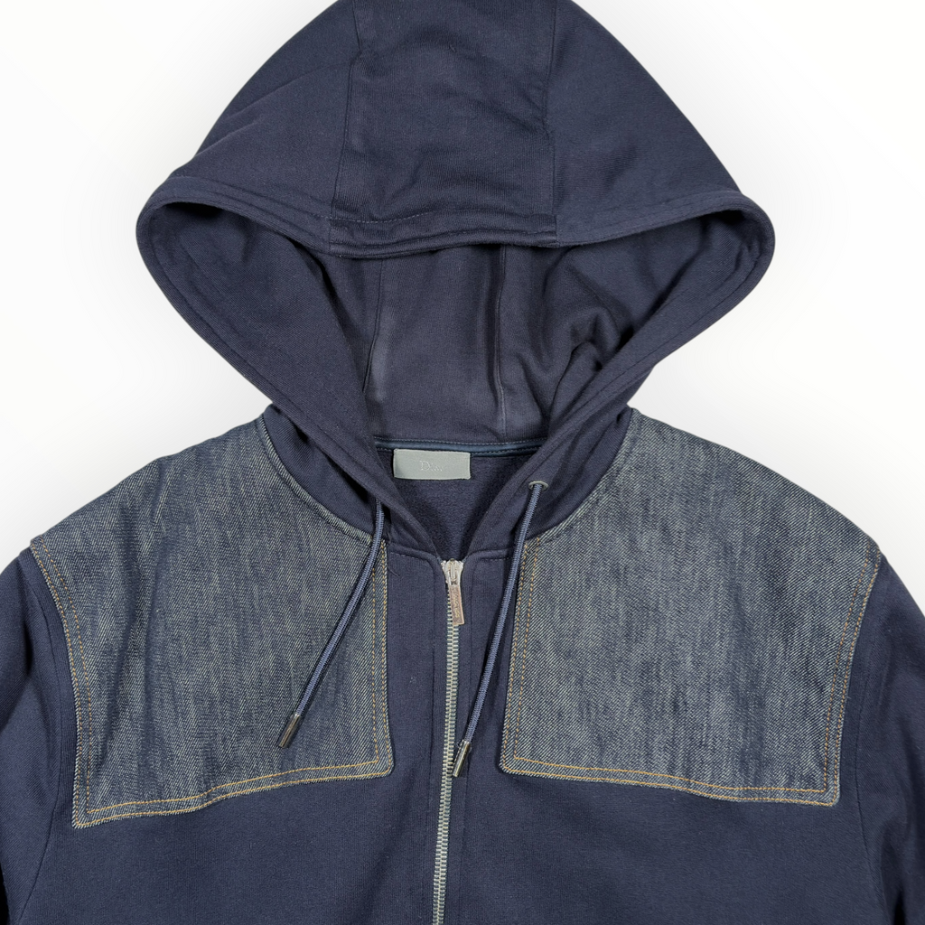 Dior 2015 Denim Yoke Bee-Embroidered Zip Hoodie