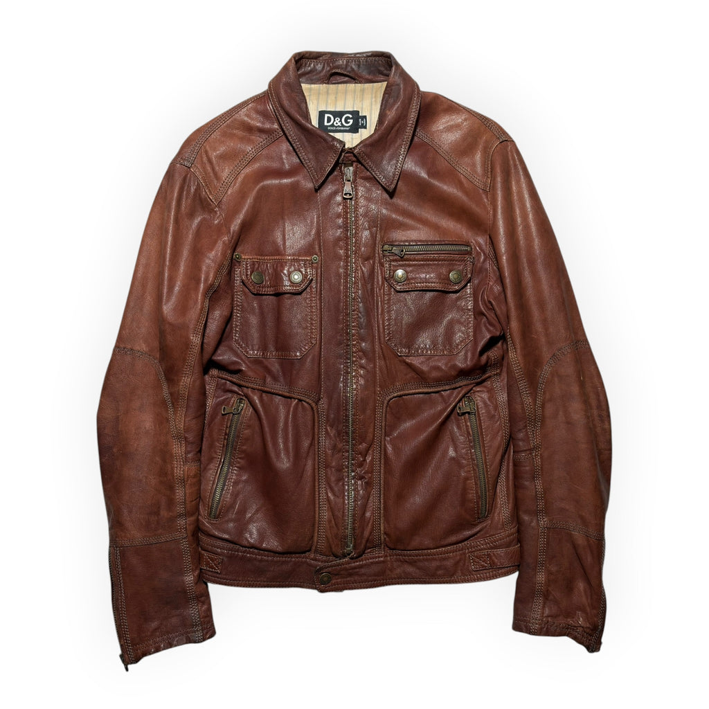 Dolce & Gabbana Vintage Brown Lambskin Leather Multi-Pocket Jacket