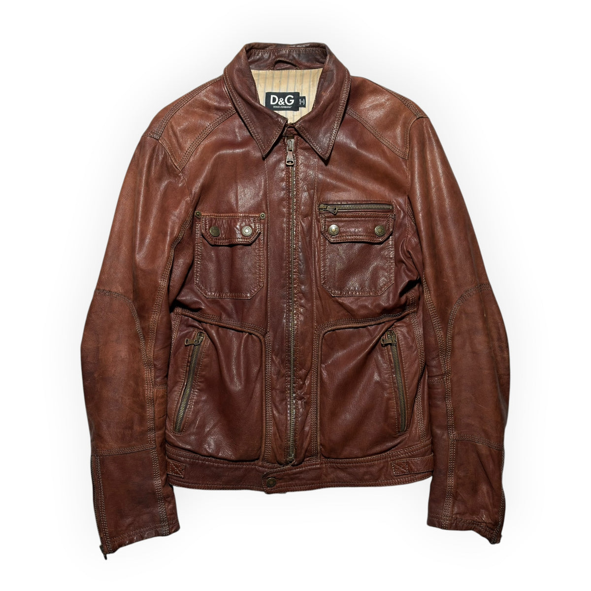 Dolce & Gabbana Vintage Brown Lambskin Leather Multi-Pocket Jacket