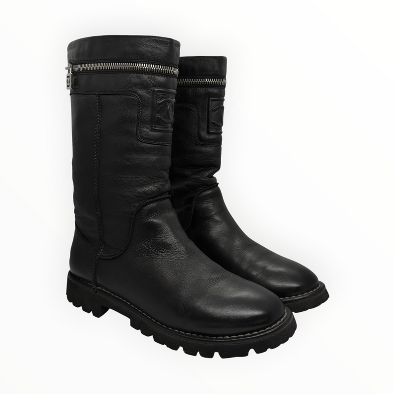 Chanel 00s CC-Embossed Leather  Boots